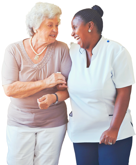 senior woman and a caregiver smiling